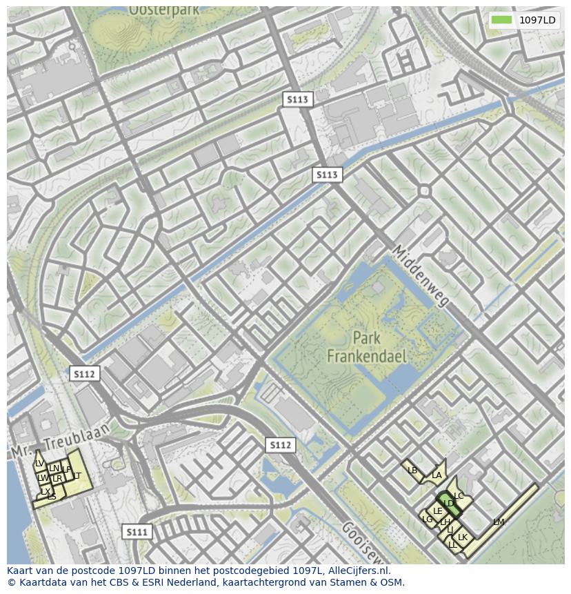 Afbeelding van het postcodegebied 1097 LD op de kaart.