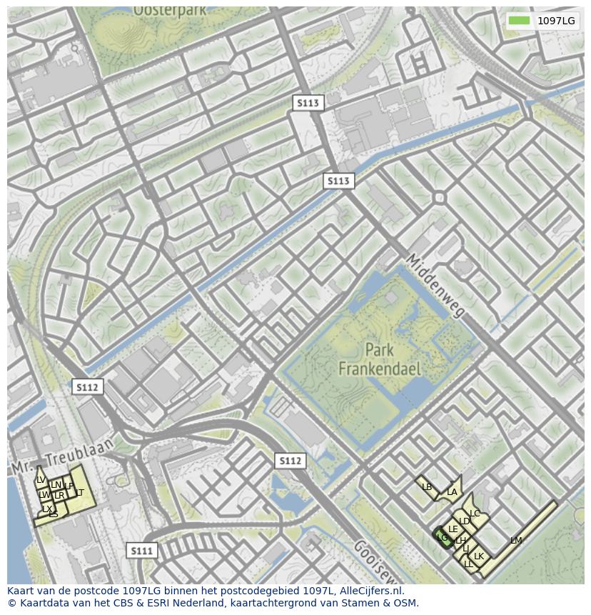 Afbeelding van het postcodegebied 1097 LG op de kaart.