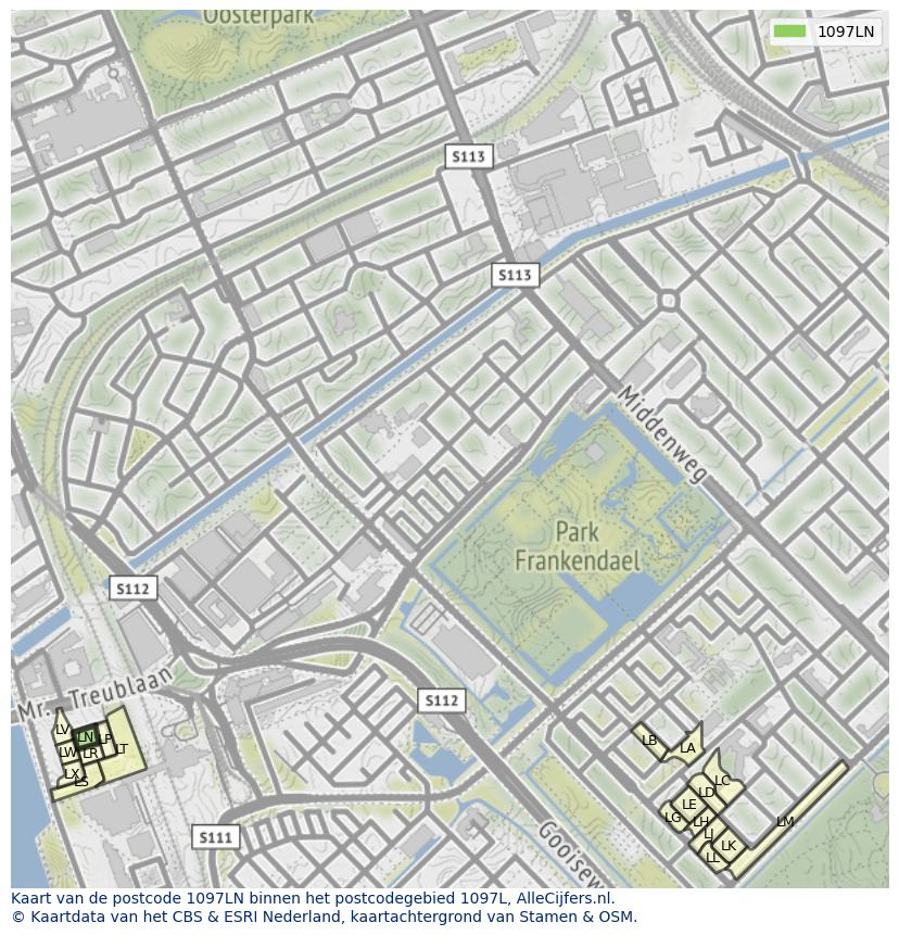 Afbeelding van het postcodegebied 1097 LN op de kaart.