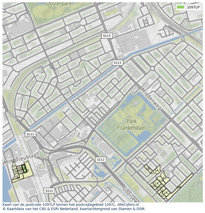 Afbeelding van het postcodegebied 1097 LP op de kaart.