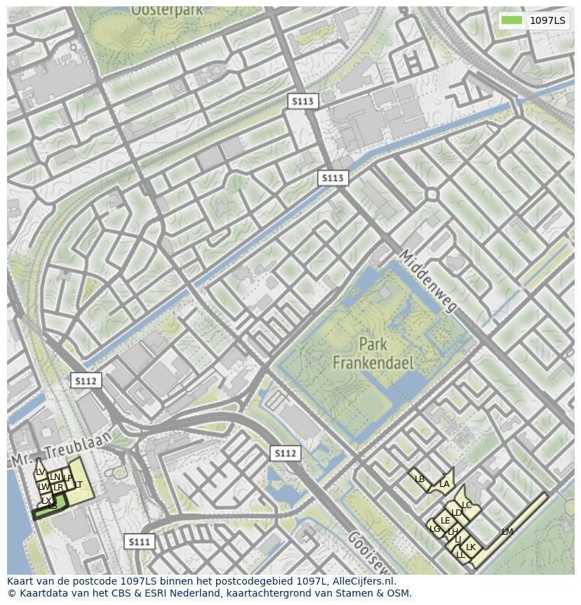 Afbeelding van het postcodegebied 1097 LS op de kaart.