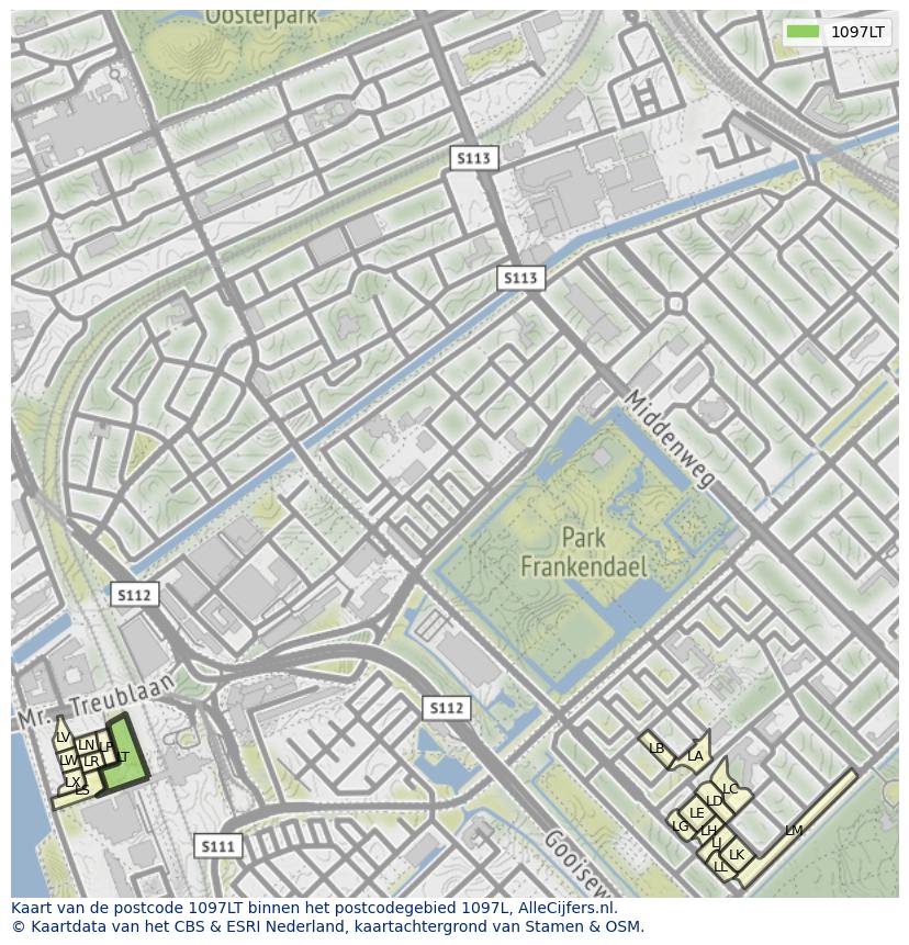 Afbeelding van het postcodegebied 1097 LT op de kaart.
