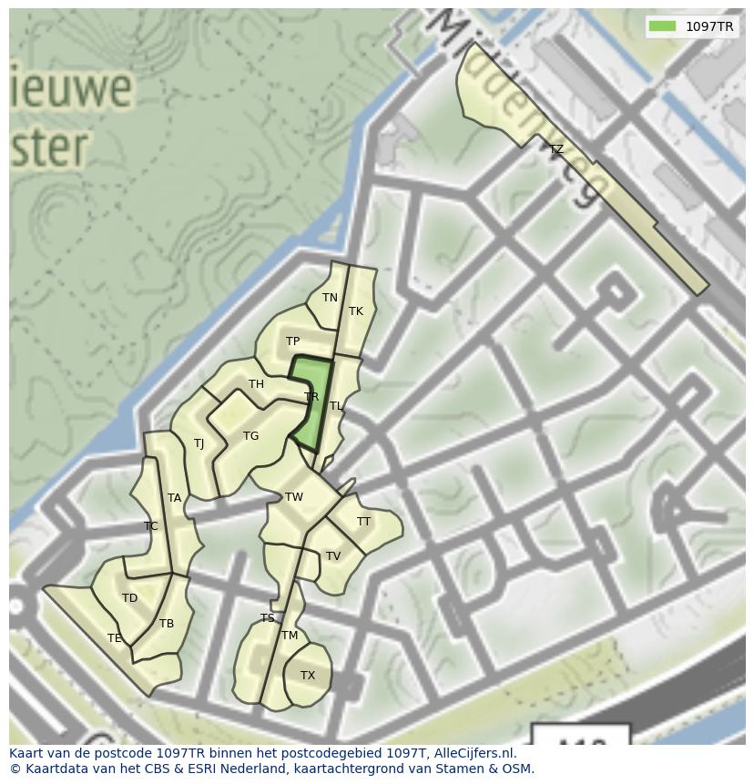 Afbeelding van het postcodegebied 1097 TR op de kaart.