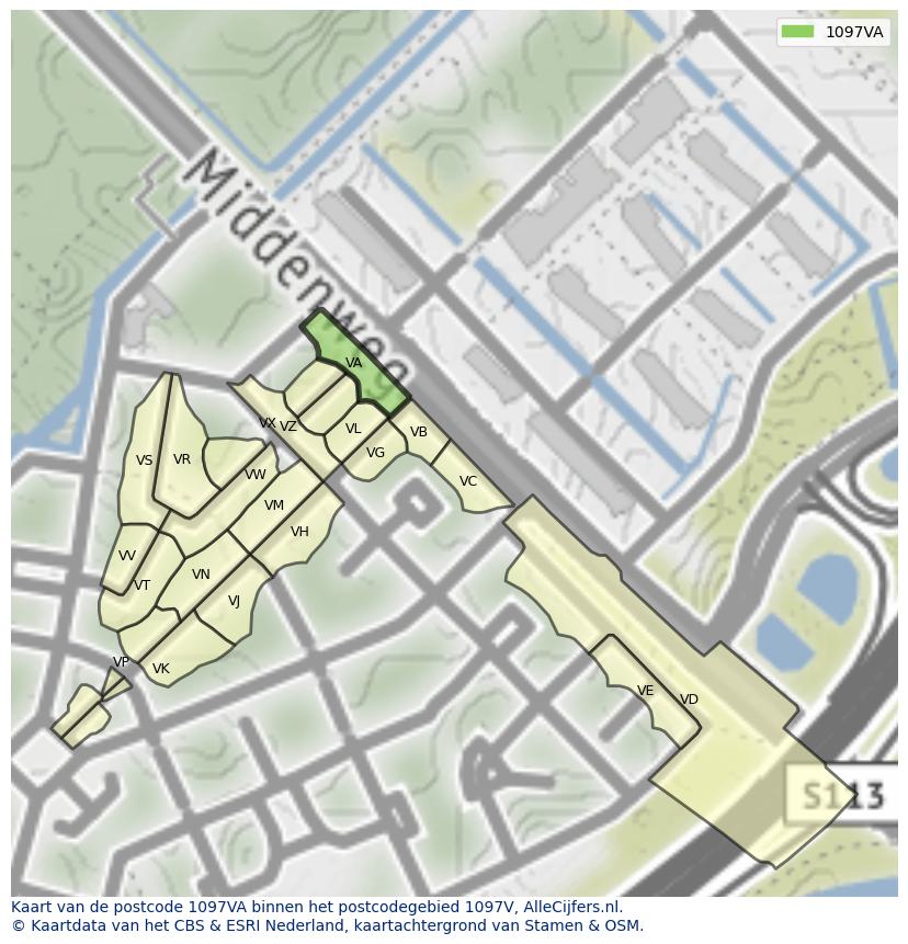 Afbeelding van het postcodegebied 1097 VA op de kaart.