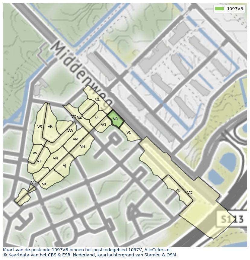 Afbeelding van het postcodegebied 1097 VB op de kaart.