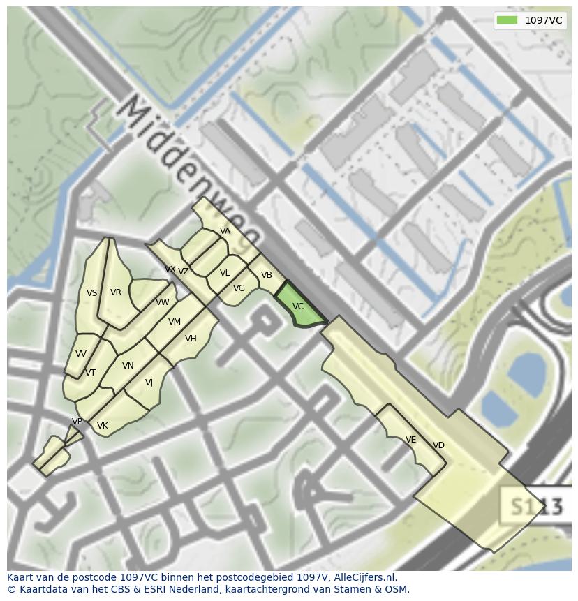 Afbeelding van het postcodegebied 1097 VC op de kaart.