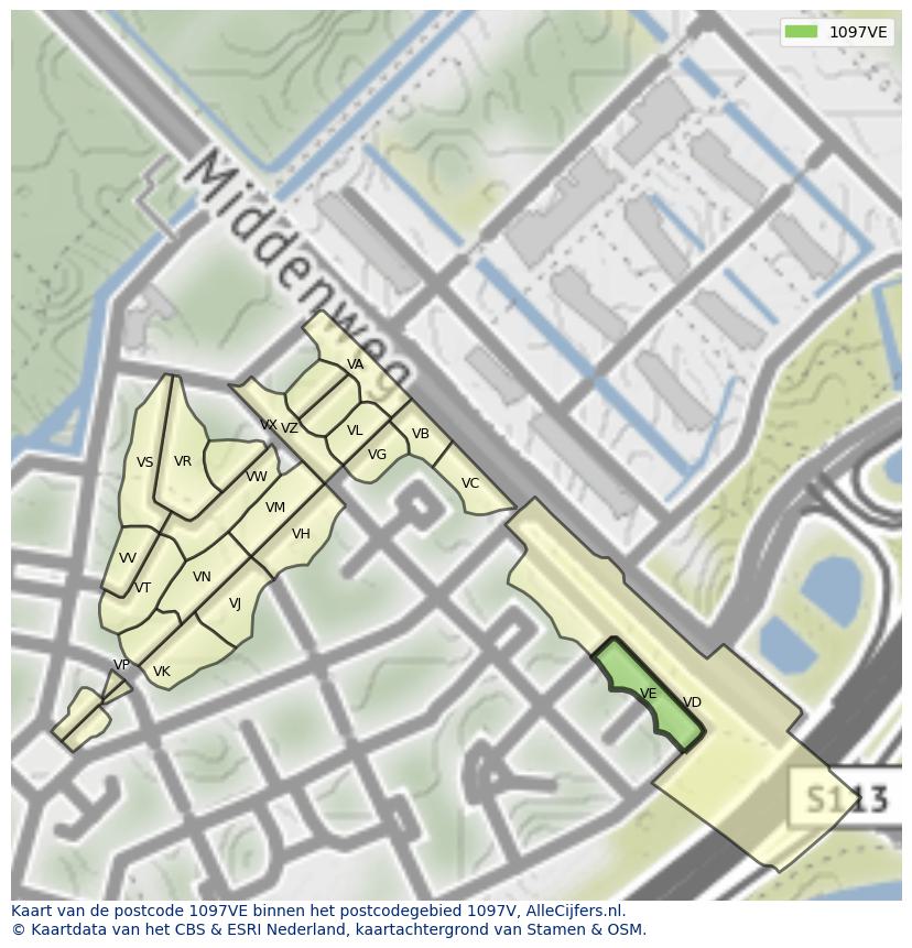 Afbeelding van het postcodegebied 1097 VE op de kaart.