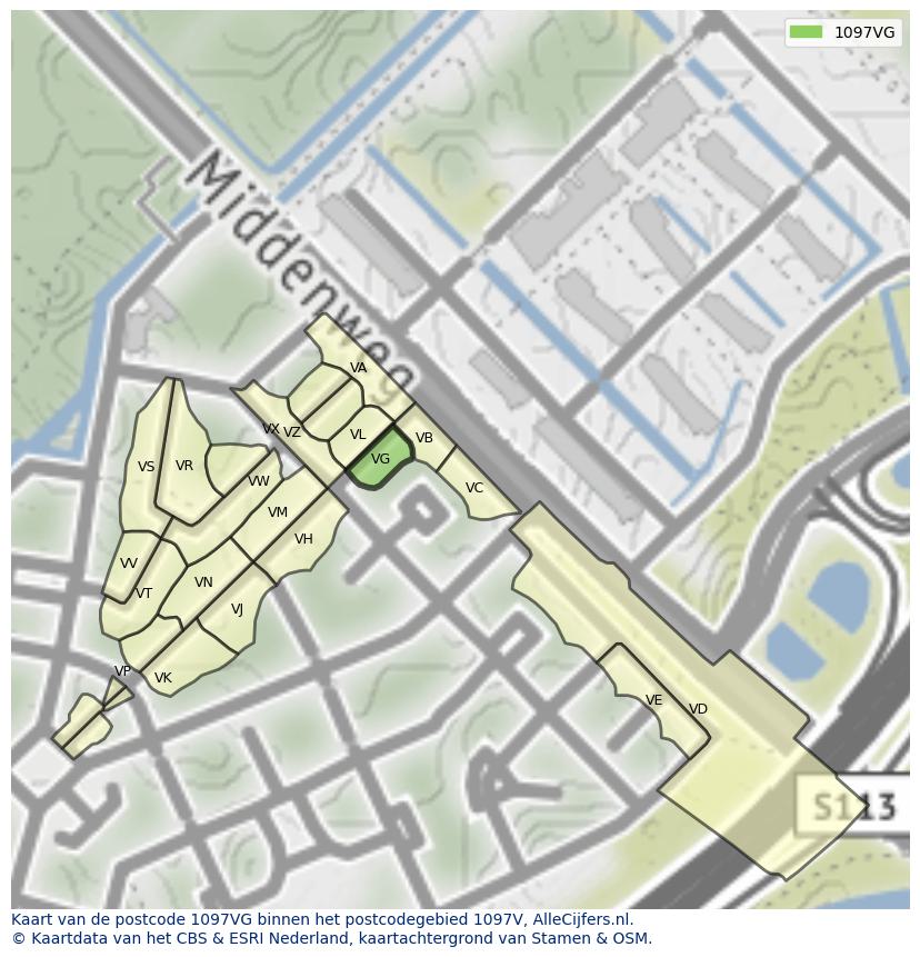 Afbeelding van het postcodegebied 1097 VG op de kaart.