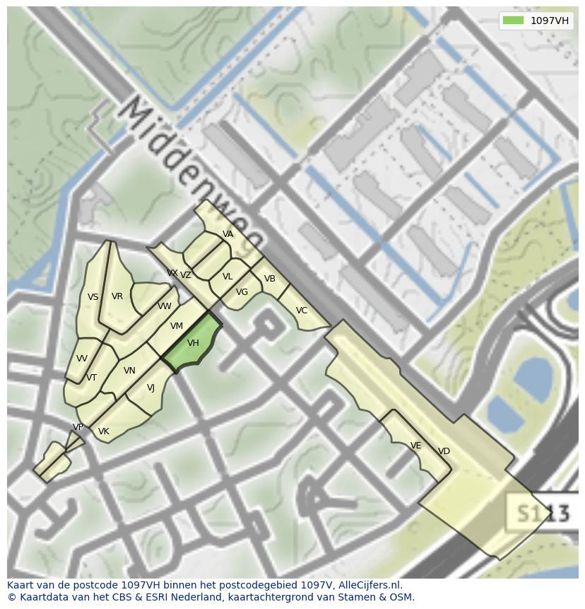 Afbeelding van het postcodegebied 1097 VH op de kaart.