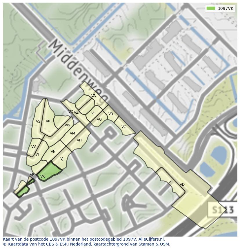 Afbeelding van het postcodegebied 1097 VK op de kaart.