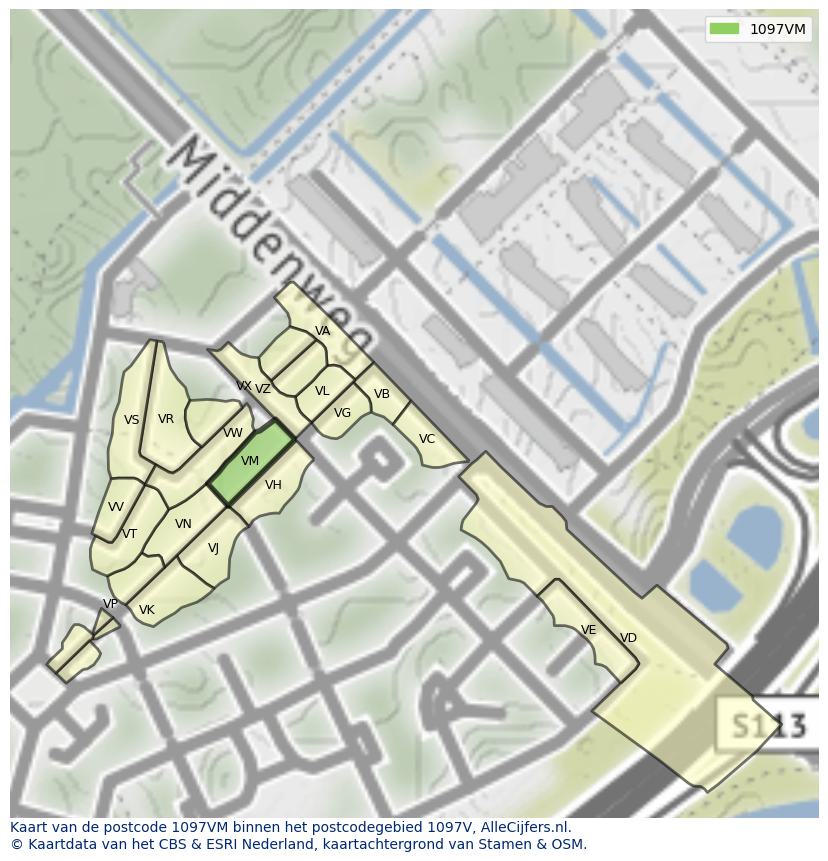 Afbeelding van het postcodegebied 1097 VM op de kaart.