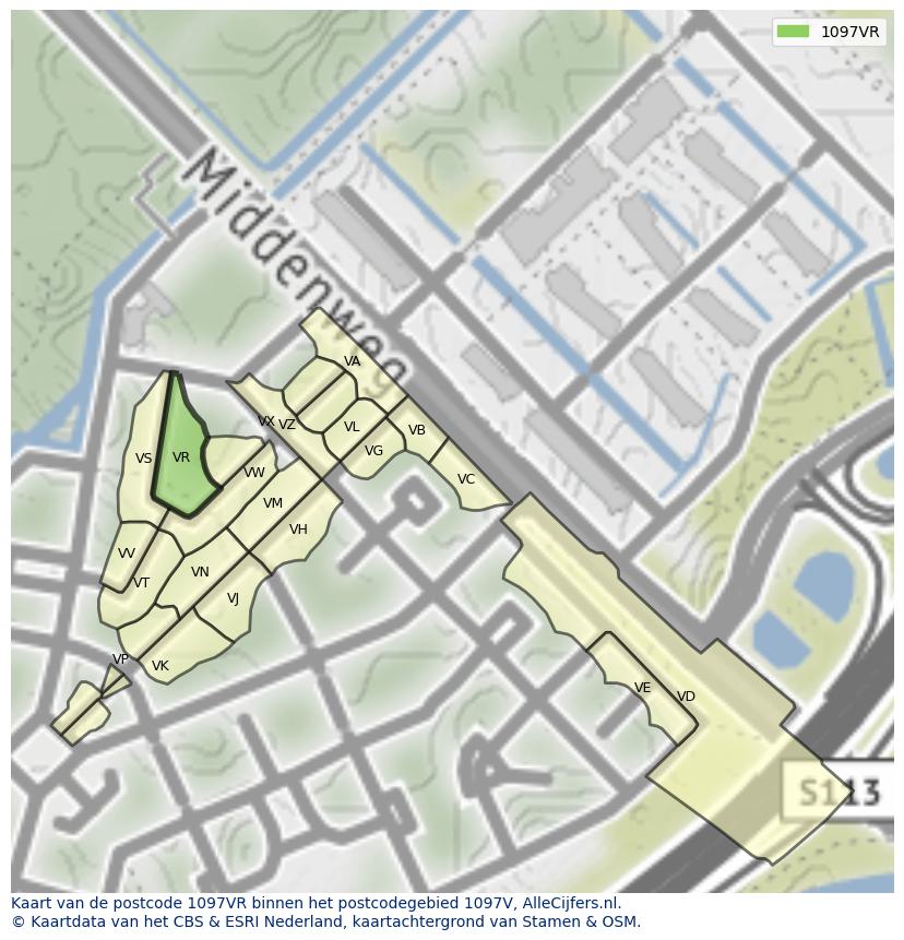 Afbeelding van het postcodegebied 1097 VR op de kaart.