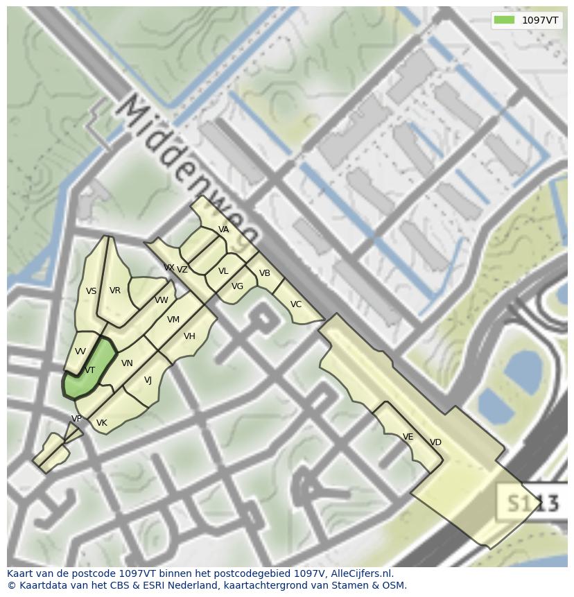 Afbeelding van het postcodegebied 1097 VT op de kaart.