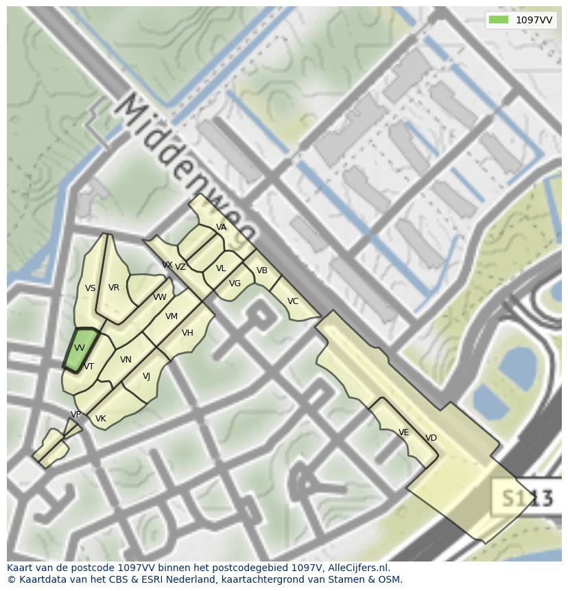 Afbeelding van het postcodegebied 1097 VV op de kaart.