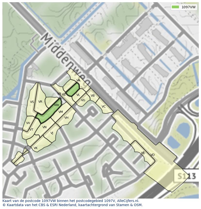 Afbeelding van het postcodegebied 1097 VW op de kaart.