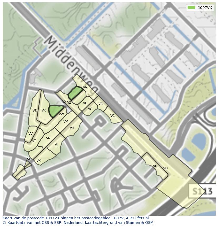 Afbeelding van het postcodegebied 1097 VX op de kaart.