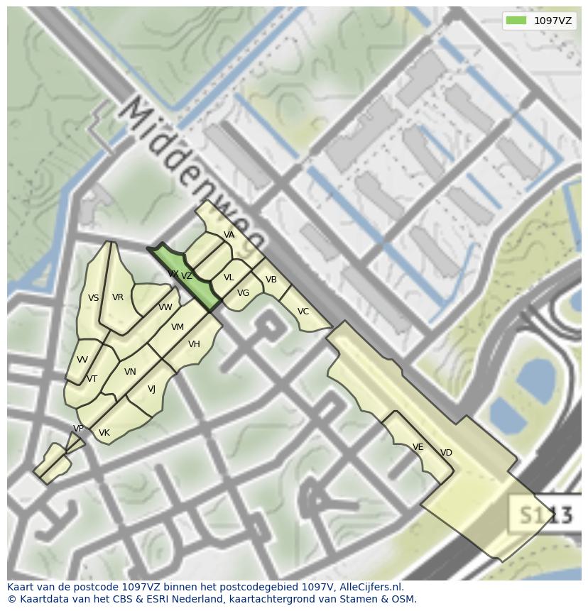 Afbeelding van het postcodegebied 1097 VZ op de kaart.