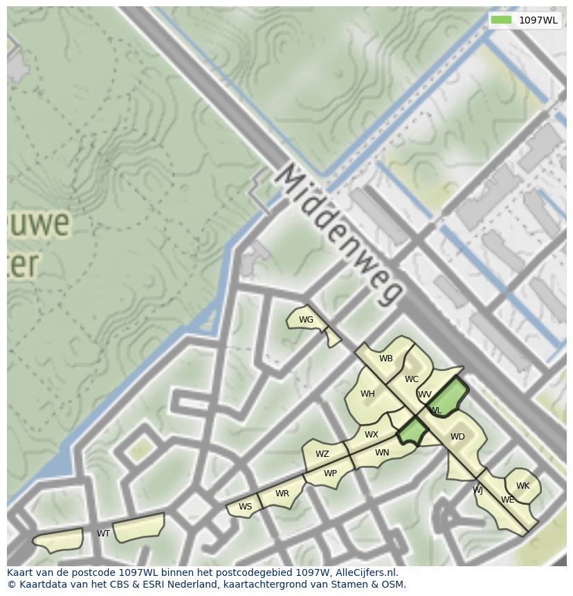 Afbeelding van het postcodegebied 1097 WL op de kaart.
