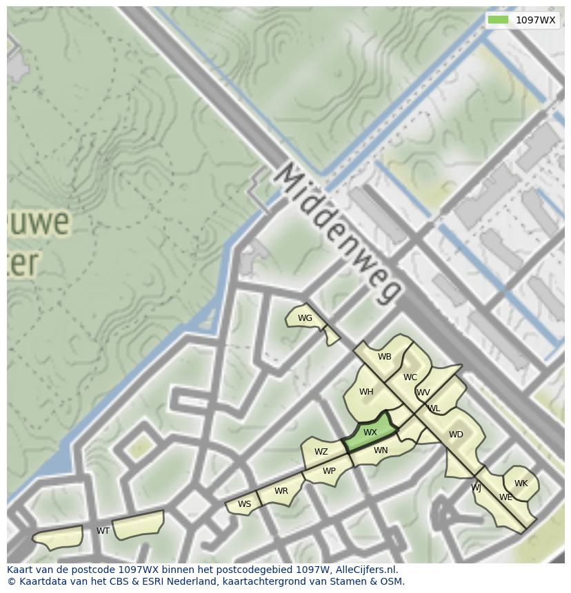 Afbeelding van het postcodegebied 1097 WX op de kaart.