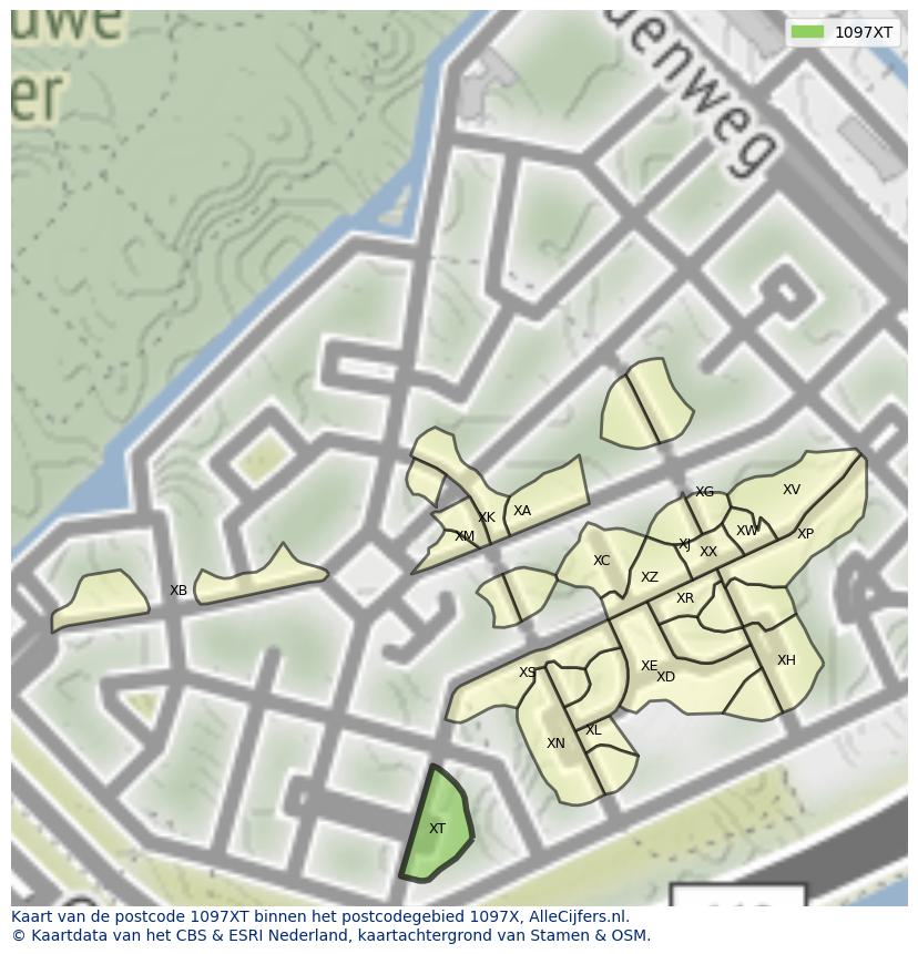 Afbeelding van het postcodegebied 1097 XT op de kaart.