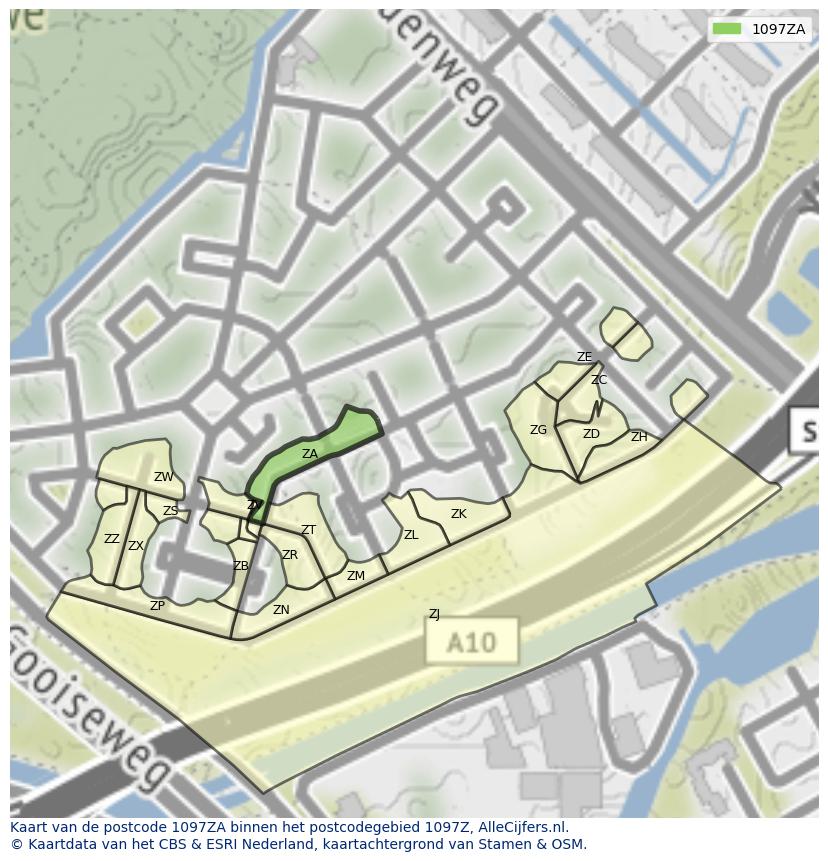 Afbeelding van het postcodegebied 1097 ZA op de kaart.