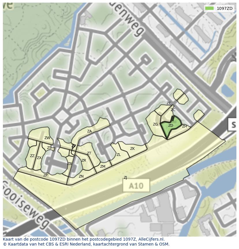 Afbeelding van het postcodegebied 1097 ZD op de kaart.