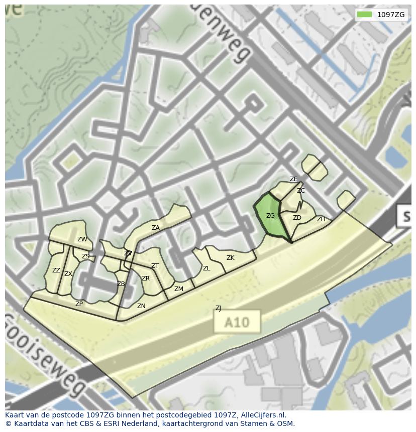 Afbeelding van het postcodegebied 1097 ZG op de kaart.