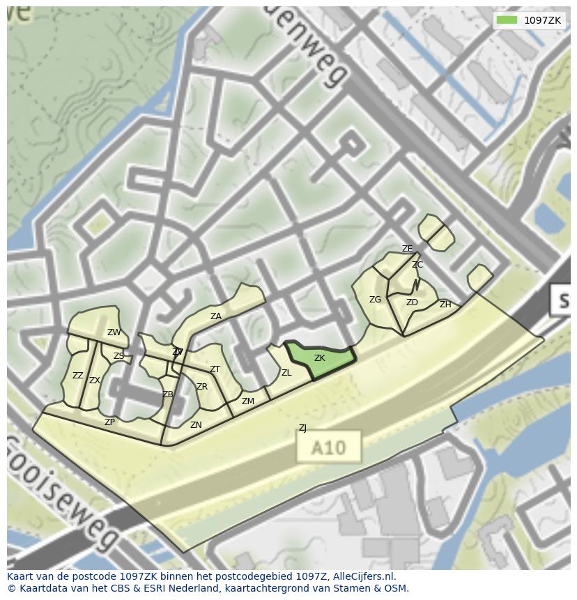 Afbeelding van het postcodegebied 1097 ZK op de kaart.