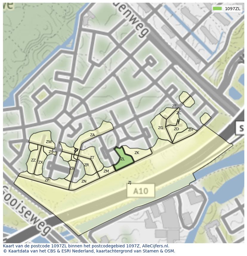 Afbeelding van het postcodegebied 1097 ZL op de kaart.