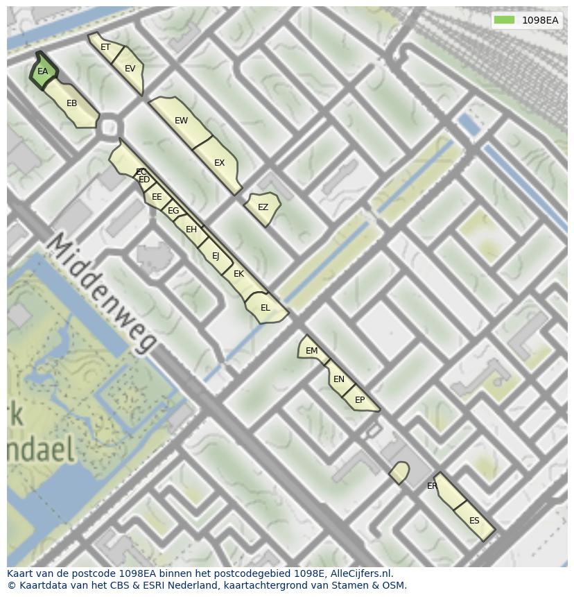 Afbeelding van het postcodegebied 1098 EA op de kaart.