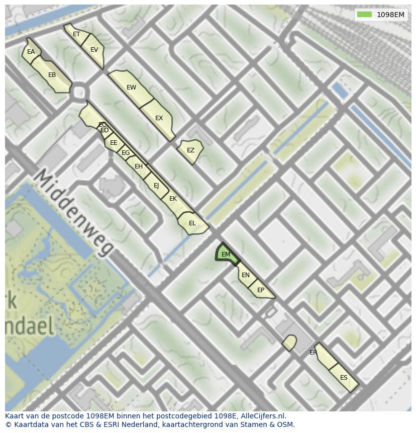 Afbeelding van het postcodegebied 1098 EM op de kaart.