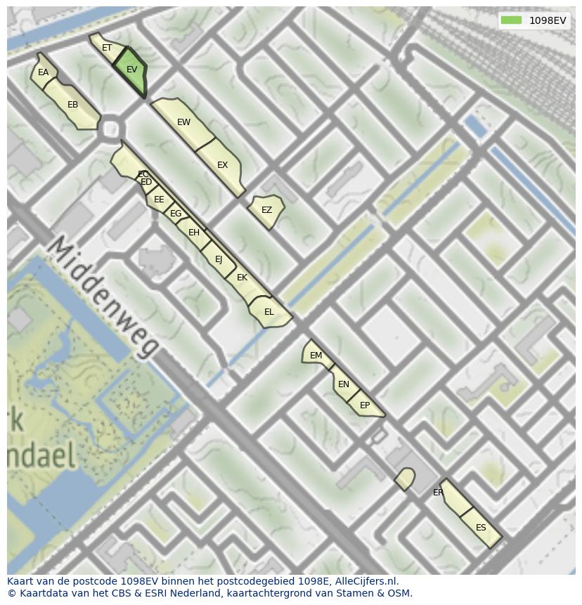 Afbeelding van het postcodegebied 1098 EV op de kaart.