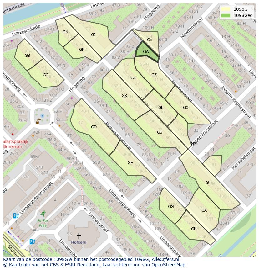 Afbeelding van het postcodegebied 1098 GW op de kaart.