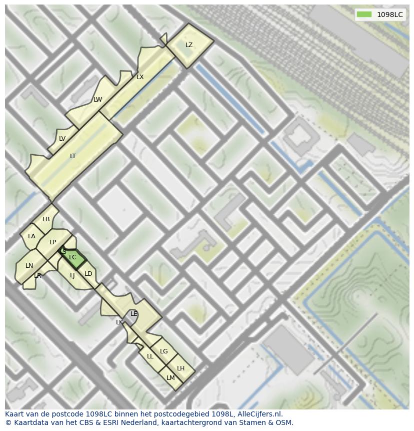 Afbeelding van het postcodegebied 1098 LC op de kaart.