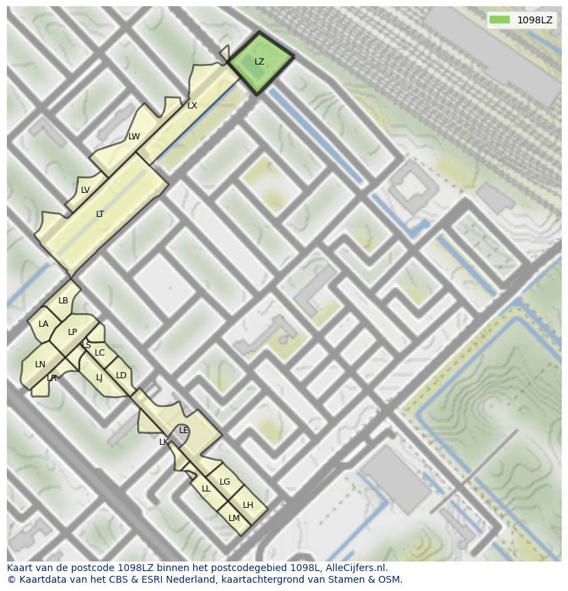Afbeelding van het postcodegebied 1098 LZ op de kaart.