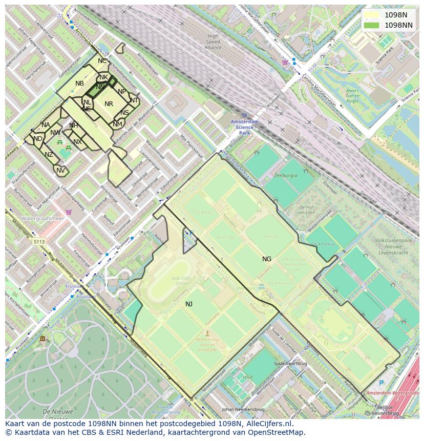 Afbeelding van het postcodegebied 1098 NN op de kaart.