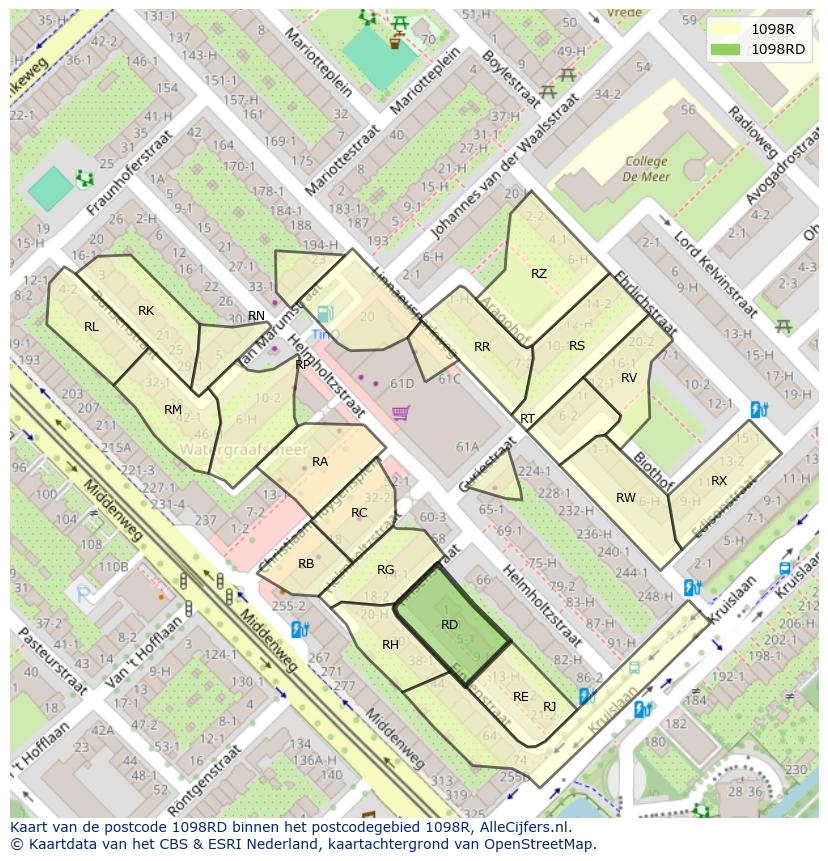 Afbeelding van het postcodegebied 1098 RD op de kaart.