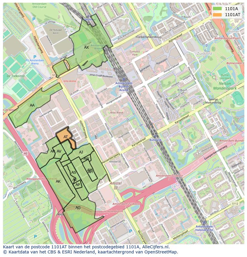 Afbeelding van het postcodegebied 1101 AT op de kaart.