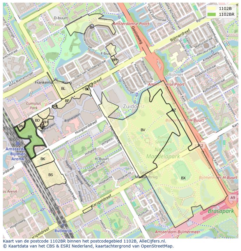 Afbeelding van het postcodegebied 1102 BR op de kaart.