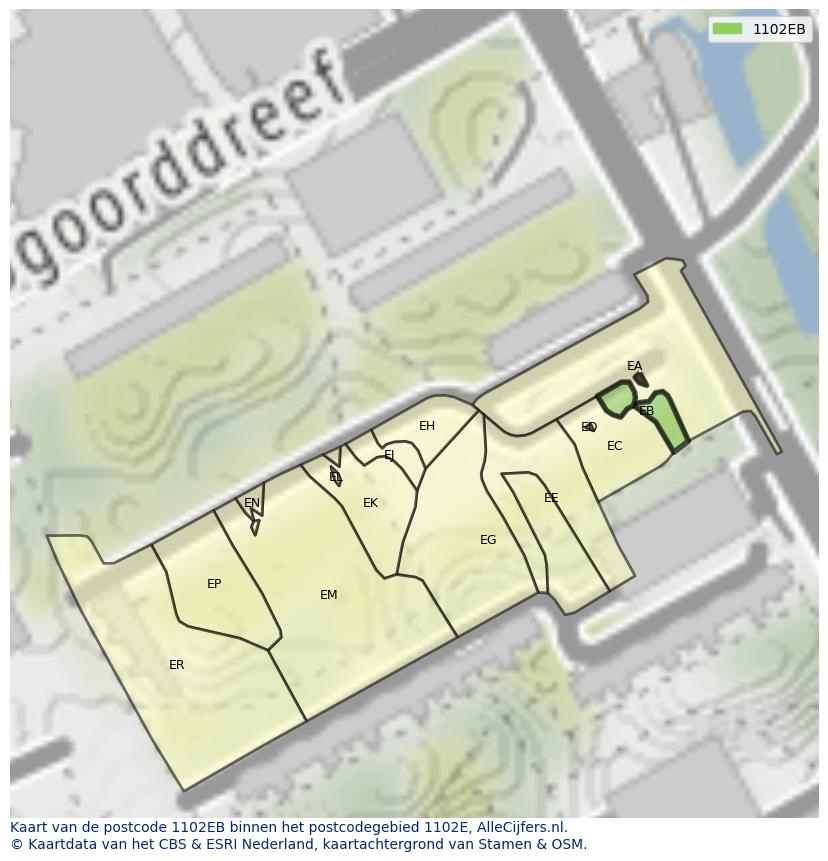 Afbeelding van het postcodegebied 1102 EB op de kaart.