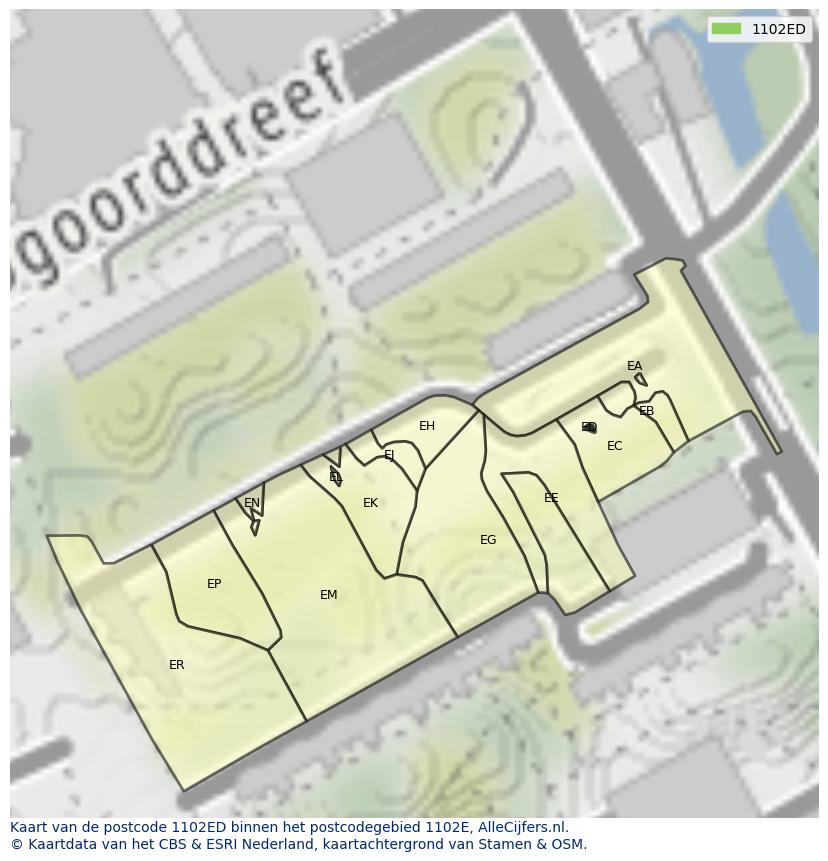 Afbeelding van het postcodegebied 1102 ED op de kaart.