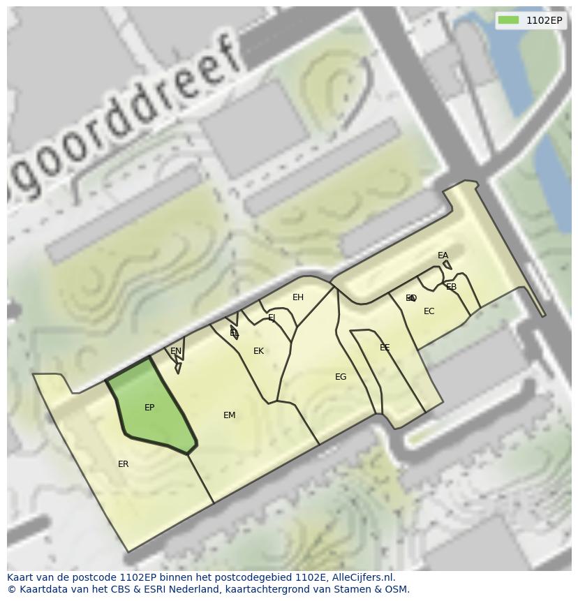 Afbeelding van het postcodegebied 1102 EP op de kaart.