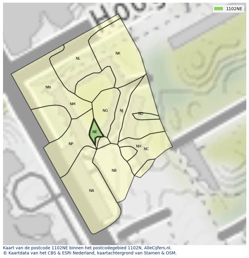Afbeelding van het postcodegebied 1102 NE op de kaart.