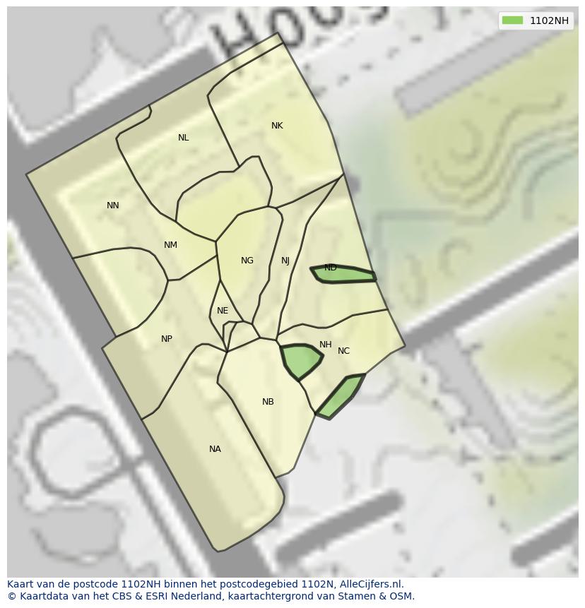 Afbeelding van het postcodegebied 1102 NH op de kaart.