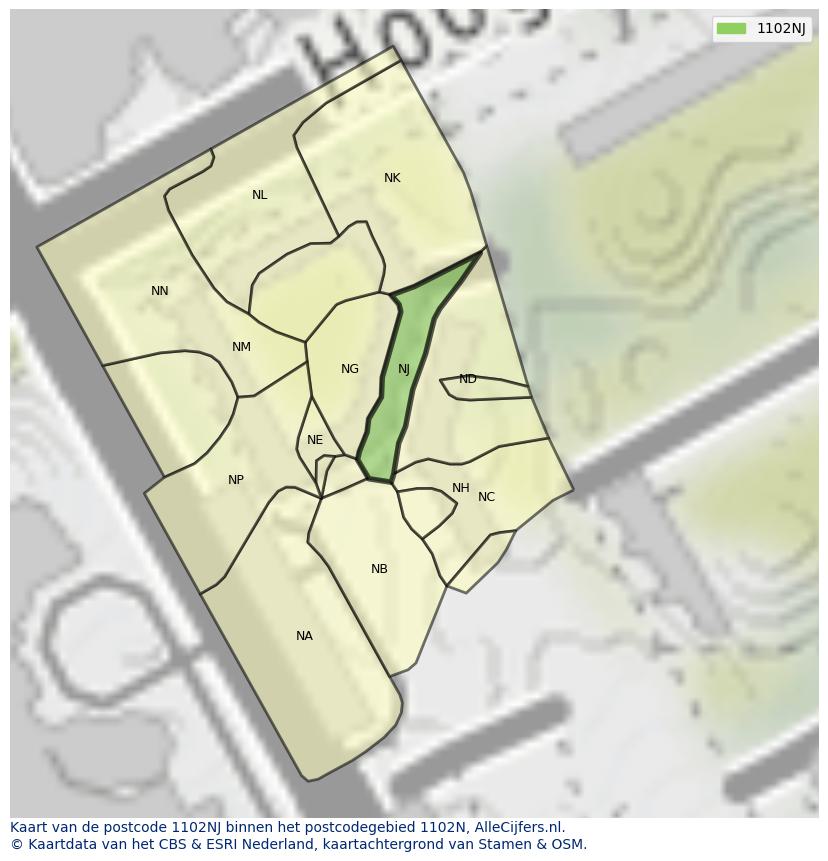 Afbeelding van het postcodegebied 1102 NJ op de kaart.