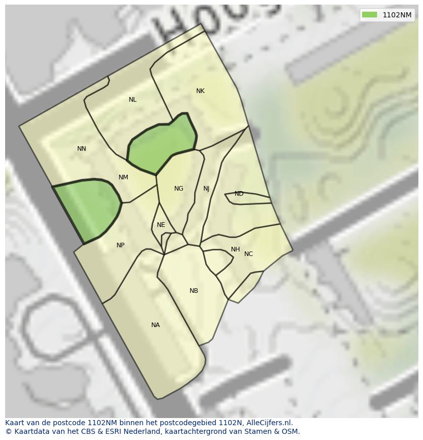 Afbeelding van het postcodegebied 1102 NM op de kaart.