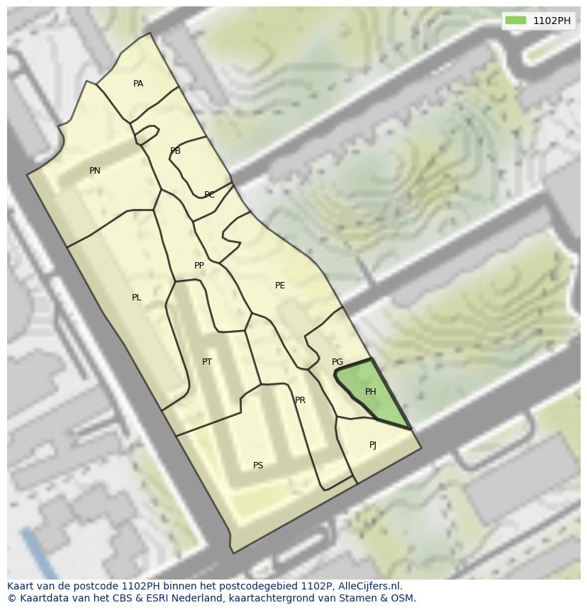Afbeelding van het postcodegebied 1102 PH op de kaart.