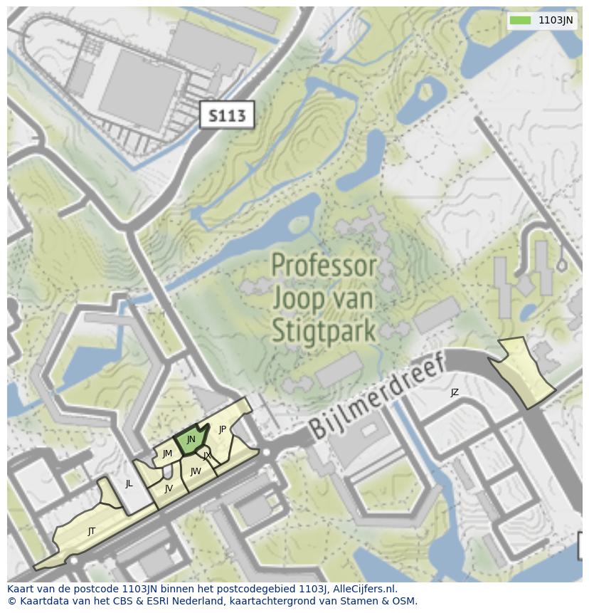 Afbeelding van het postcodegebied 1103 JN op de kaart.