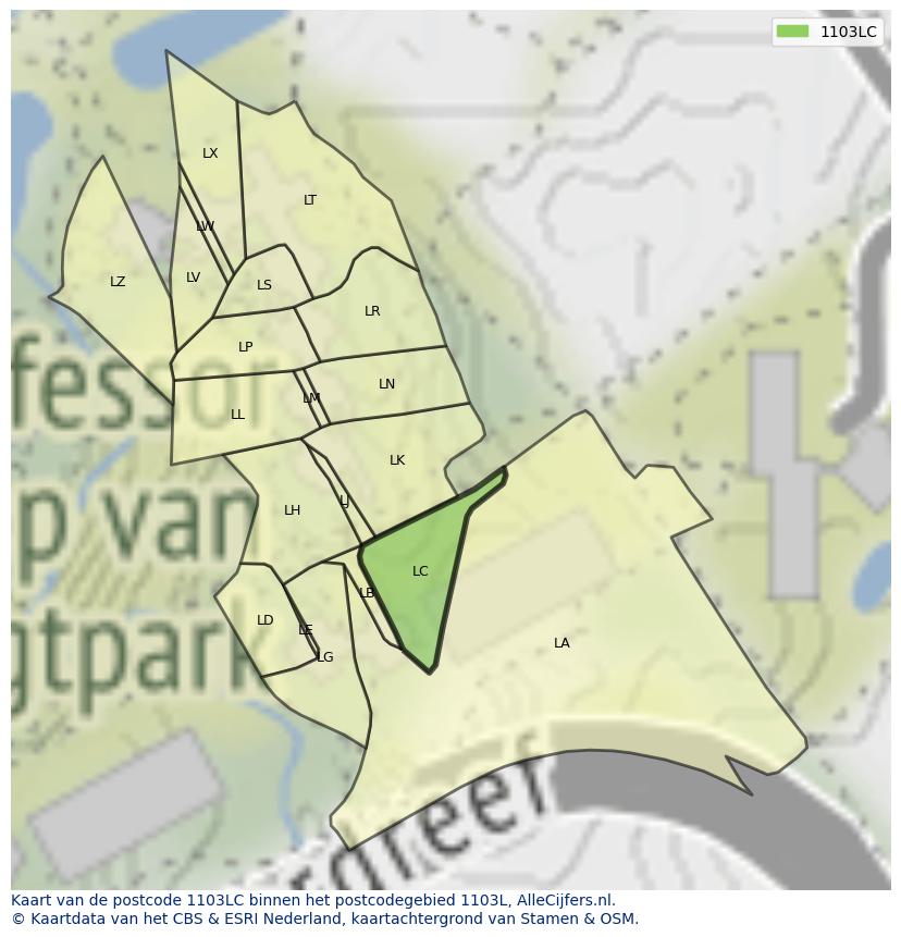 Afbeelding van het postcodegebied 1103 LC op de kaart.