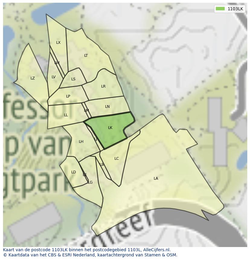 Afbeelding van het postcodegebied 1103 LK op de kaart.